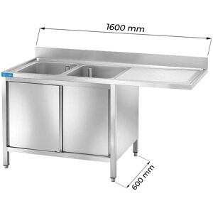 Lavello armadiato in acciaio inox con vano per lavastoviglie con 2 vasche e gocciolatoio a destra L1600xP600xH850 mm linea basic