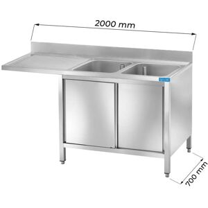 Lavello armadiato in acciaio inox con vano per lavastoviglie con 2 vasche e gocciolatoio a sinistra L2000xP700xH850 mm linea basic
