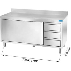 Tavolo armadiato in acciaio inox con 3 cassetti verticali a destra con alzatina L1000xP600xH850 mm linea basic