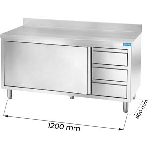 Tavolo armadiato in acciaio inox con 3 cassetti verticali a destra con alzatina L1200xP600xH850 mm linea basic