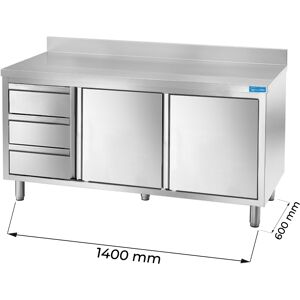 Tavolo armadiato in acciaio inox con 3 cassetti verticali a sinistra con alzatina L1400xP600xH850 mm linea basic