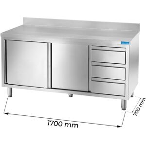 Tavolo armadiato in acciaio inox con 3 cassetti verticali a destra con alzatina L1700xP700xH850 mm linea basic
