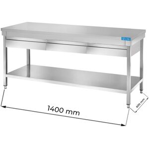 Tavolo aperto in acciaio inox con 3 cassetti orizzontali con ripiano senza alzatina L1400xP600xH850 mm linea basic
