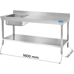 Tavolo aperto in acciaio inox con vasca a sinistra con ripiano con alzatina L1600xP700xH850 mm linea basic
