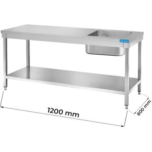 Tavolo aperto in acciaio inox con vasca a destra con ripiano senza alzatina L1200xP800xH850 mm linea premium
