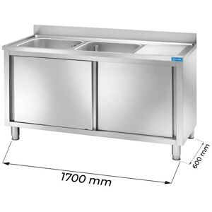 Lavello armadiato in acciaio inox con 2 vasche e gocciolatoio a destra L1700xP600xH850 mm linea premium