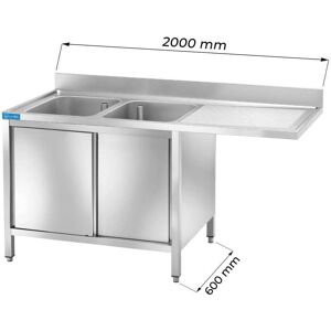 Lavello armadiato in acciaio inox con vano per lavastoviglie con 2 vasche e gocciolatoio a destra L2000xP600xH850 mm linea premium