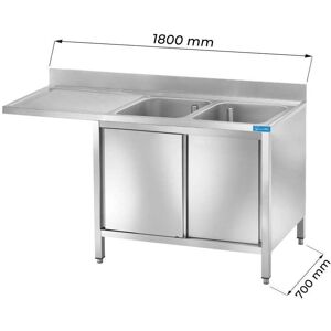 Lavello armadiato in acciaio inox con vano per lavastoviglie con 2 vasche e gocciolatoio a sinistra L1800xP700xH850 mm linea basic