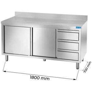 Tavolo armadiato in acciaio inox con 3 cassetti verticali a destra con alzatina L1800xP700xH850 mm linea premium