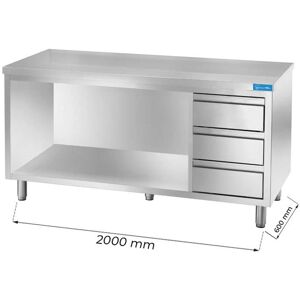 Tavolo a giorno in acciaio inox con 3 cassetti verticali a destra senza alzatina L2000xP600xH850 mm linea basic