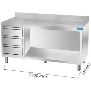Tavolo a giorno in acciaio inox con 3 cassetti verticali a sinistra con alzatina L2200xP700xH850 mm linea basic