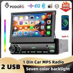 podofo 7 ''autoradio con schermo retrattile manuale 1Din lettore MP5 Bluetooth FM MirrorLink AUX Audio porta USB e di tipo C autoradio 2 64G AHD
