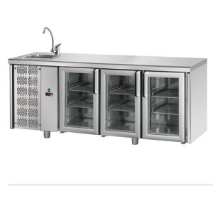 Tecnodom Tavolo Refrigerato 3 Porte GN 1/1 in Vetro con Lavello Sinistro Cm 187 x 70 x 11