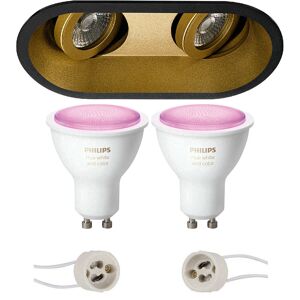 BES LED Pragmi Zano Pro - Inbouw Ovaal Dubbel - Mat Zwart/Goud - Kantelbaar - 185x93mm - Philips Hue - LED Spot Set GU10 - White and Color Ambiance - Bluetooth
