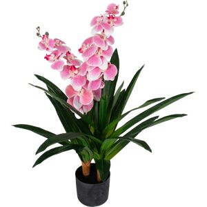 Home-tex Kunstig orkidé - 90 cm - 2-grenet - Rosa blomster - Kunstig blomst i sort potte