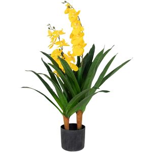 Home-tex Kunstig orkidé - 90 cm - 2-grenet - Gule blomster - Kunstig blomst i sort potte
