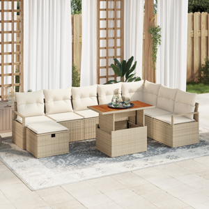 vidaXL 9-delt hagemøbelsett med puter i beige poly rattan