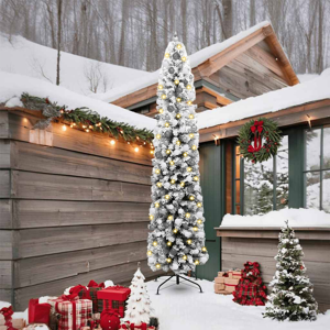 vidaXL Slank juletre med 300 LEDs & kuler & flocket snø grønn 240 cm