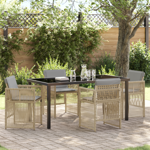 vidaXL 5-delt hage spisebordsett med puter i beige polyrattan