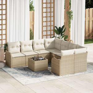 vidaXL 9-delt hagemøbelsett med puter Beige Poly Rattan