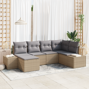 vidaXL 6 Delt Hagemøbelsett med Puter Beige Poly Rattan