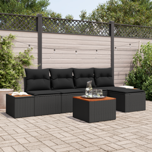 vidaXL 6-delt Hagesofa-sett med Puter Svart Poly Rattan Akasie