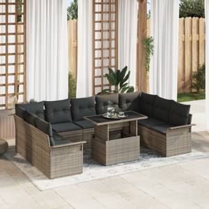 vidaXL 10 Delt Hage Sofa Set med Puter Grå Poly Rottning