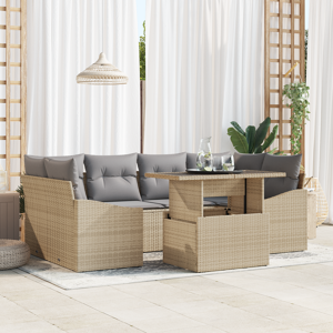 vidaXL 7 Deler Hagemøbelsett med Puter Beigefarget Poly Rattan