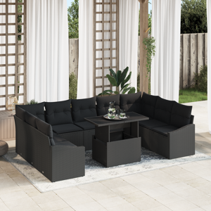 vidaXL 10 Delers Hagesofa Sett med Puter Svart Poly Rottings