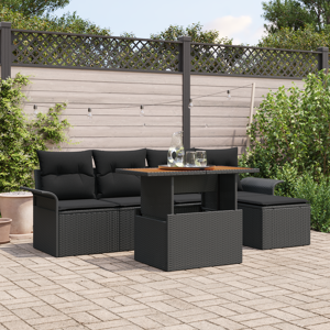 vidaXL 6-delt Hage Spisebordsett med puter Svart Poly Rattan Akasia