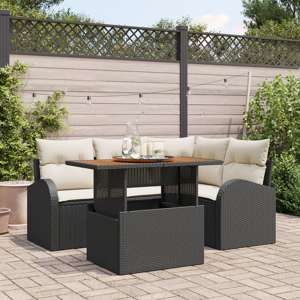 vidaXL 5 Delt Hage Spisebord med Puter Svart Poly Rattan Akacia