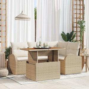 vidaXL 5-delt hage spisegruppe med puter Beige Poly Rattan Akacia
