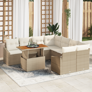 vidaXL 9-delt Hage Spisesett med Puter Beige Poly Rattan Akasie