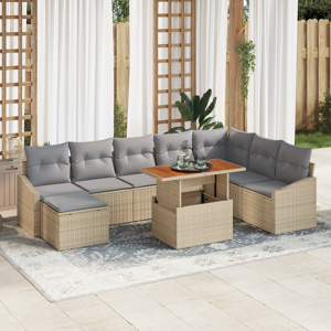 vidaXL 9-delt Hage Spisebordsett med Puter Beige Poly Rattan Akasie