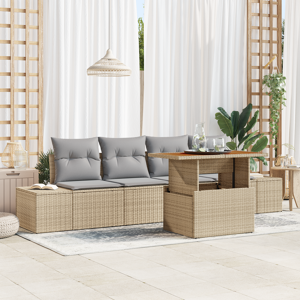 vidaXL 5-delt hage spisegruppe med puter beige poly rattan akasie