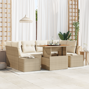 vidaXL 7-delt hage spisegruppe med puter beige poly rattan akacia