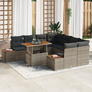 vidaXL 9-dels hage spisegruppe med puter grå poly rattan akacia