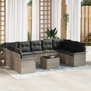 vidaXL 10 Delers Hage Sofa Sett med Puter Grå Poly Rattan
