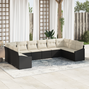 vidaXL 10 Delers Hage Spisebord Sett med Puter Svart Poly Rattan