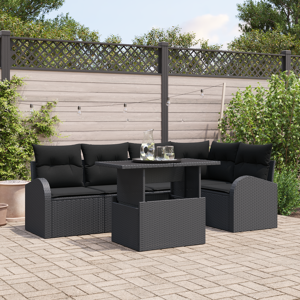 vidaXL 6-delt hagemøbelsett med puter svart poly rattan