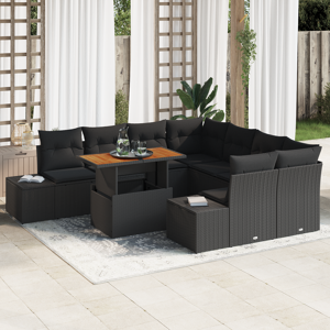 vidaXL 9 Delers Hage Sofa Sett med Puter Svart Poly Rotting