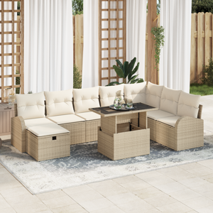 vidaXL 9-delt hagemøbelsett med puter Beige Poly Rattan