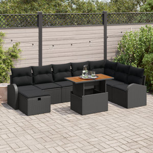 vidaXL 9 Delers Hagesofa Sett med Puter Svart Poly Rattan