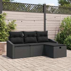 vidaXL 4-delt Hage Sofa Sett med Puter Svart Poly Rattan