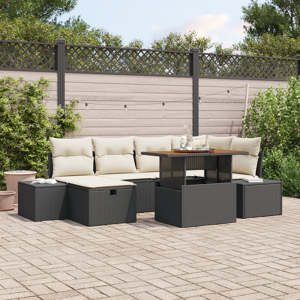 vidaXL 7 Delers Hage Spisebordsett med Puter Svart Poly Rattan Akacia