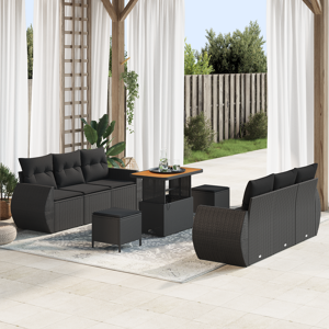 vidaXL 9-delt hagesofa sett med puter svart poly rattan akasia