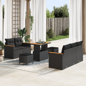 vidaXL 8-delt Hagesofa Set med Puter Svart Poly Rattan Akasie