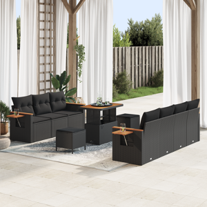 vidaXL 10-delt hagesofa sett med puter svart poly rotting akacia