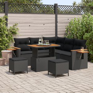 vidaXL Hagesofa Sett med 8 Deler med Puter Svart Poly Rattan Akasietre