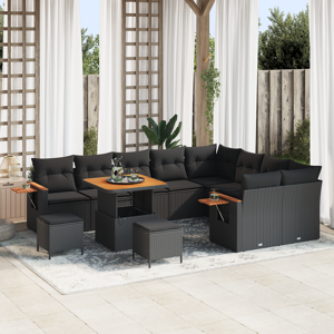 vidaXL 12 Dels Hagesofa Sett med Puter Svart Poly Rottning Acacia